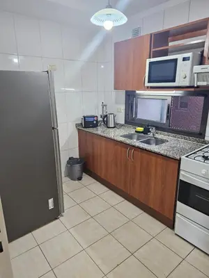 a kitchen with a refrigerator and a microwave at Alto Parana Depto en Nueva Cordoba! in Cordoba