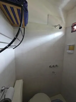 a bathroom with a shower and a toilet at Hospedaje Del Rosario in Santa María