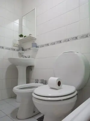 a white bathroom with a toilet and a sink at El Sol de Vilaró Dpto a mts de todo in Cordoba