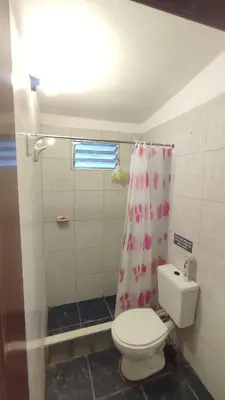 a bathroom with a toilet and a shower curtain at Las tres lunas in Villa Anizacate