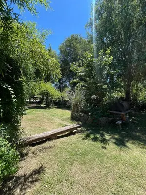 a garden with a bench and a water fountain at casa junto al rio para 7 in Villa Carlos Paz