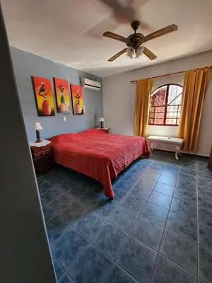 a bedroom with a red bed and a ceiling fan at Casa Chalet Carlos Paz in Villa Carlos Paz