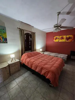 a bedroom with a large bed with red walls at Casa Chalet Carlos Paz in Villa Carlos Paz