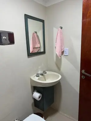 a bathroom with a sink and a mirror and a toilet at Apartamento Betania in Cordoba