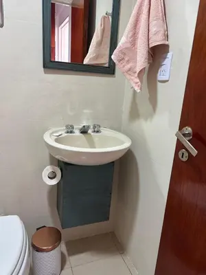 a bathroom with a sink and a mirror and a toilet at Apartamento Betania in Cordoba