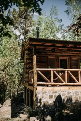 a log cabin with a porch in the woods at La Bernardita in Villa Berna