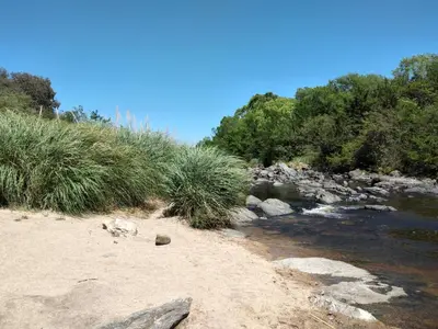 a river with rocks and grass next to a beach at Complejo Aguas Calmas - Casa Remanso in Los Reartes