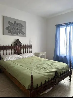 a bedroom with a large bed with a green blanket at Departamento 2 in Río Cuarto
