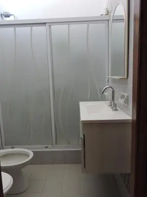 a bathroom with a shower and a sink and a toilet at Algarrobo in Almafuerte