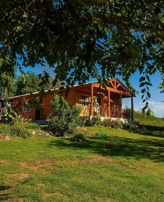 a log house on a hill with a yard at CABAÑAS La Perla in Bialet Massé