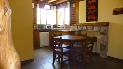 a kitchen with a table and chairs and a fireplace at Rincón de los Troncos in Merlo