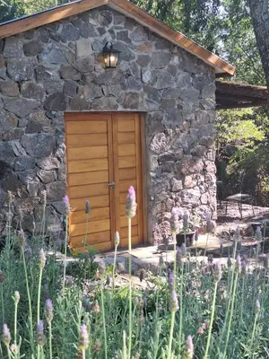 a stone house with a wooden door in a garden at Cabañas Posada del Angel in Villa Serranita