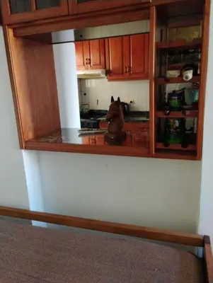 a kitchen with wooden cabinets and a horse statue in it at departamento de excelente ubicación, cochera , aire acondicionado in Villa Carlos Paz