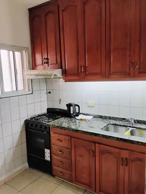 a kitchen with wooden cabinets and a stove and a sink at departamento de excelente ubicación, cochera , aire acondicionado in Villa Carlos Paz