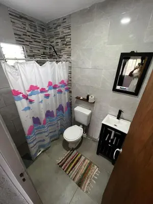 a bathroom with a toilet and a sink and a shower curtain at Hostal El Portillo in Arroyo de Los Patos