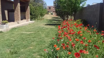 a garden with red flowers in the grass at Casa Amapola in Embalse