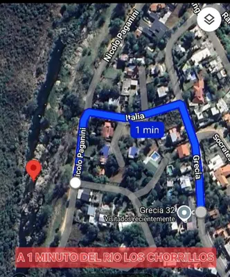 a map of the approximate location of a minuter del fuecolocoloolis at Altos de Grecia Cabaña 1 in Villa Carlos Paz