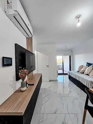a living room with a bed and a tv at Dpto Poeta lugones 72 - pileta terraza parrilla in Cordoba