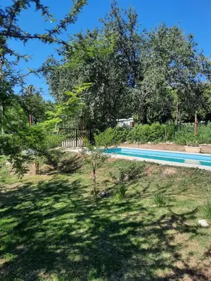 a swimming pool in the middle of a yard with trees at Cabaña La Kalma in Santa María