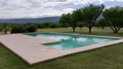 a swimming pool in the middle of a field with trees at Las icarias in Las Calles