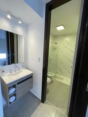 a bathroom with a sink and a toilet and a mirror at Departamentos Céntricos Exclusivos in Villa Carlos Paz