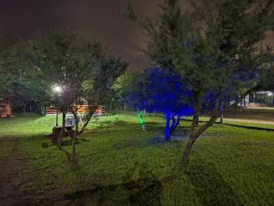a person in a park at night with trees at Cabañas mauro in Tanti
