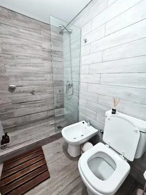 a bathroom with a toilet and a walk in shower at Dpto Ambrosio Olmos 1090 - Pileta, Asadores, Terraza, Quincho in Cordoba