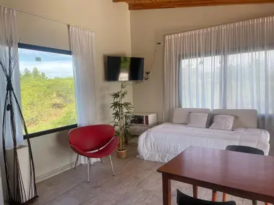 a bedroom with a bed and a table and a television at Verdena in Villa Amancay