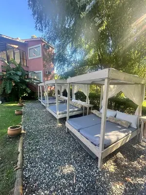 a row of beds sitting on the gravel under a tree at Hotel Tanti Spa & Resort in Tanti