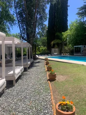a row of beds with flowers in pots next to a pool at Hotel Tanti Spa & Resort in Tanti