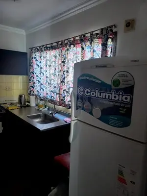 a kitchen with a refrigerator and a sink and a window at Balcon2k in Cordoba