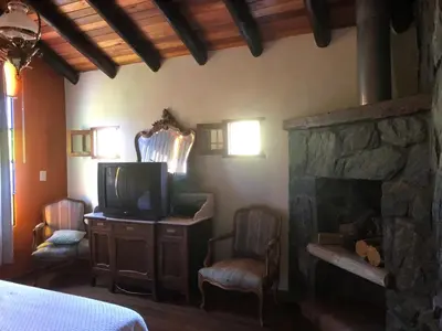 a bedroom with a fireplace and a tv and a bed at Lagriega in Cuesta Blanca