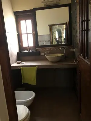 a bathroom with a sink and a toilet and a mirror at Lagriega in Cuesta Blanca