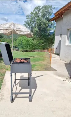a barbecue grill with an umbrella in a yard at 
