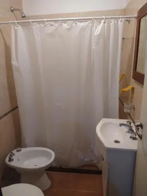 a bathroom with a toilet and a sink and a shower curtain at Deptos Carlos Paz B in Villa Carlos Paz