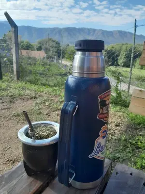 a blue water bottle sitting next to a bowl of dirt at Mateo y Stella 2 in Bialet Massé