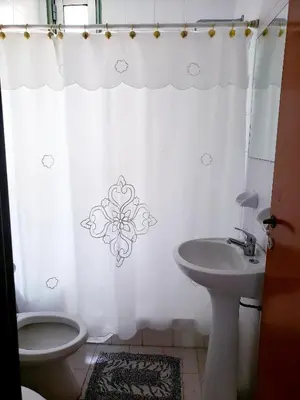 a bathroom with a sink and a toilet and a shower curtain at Departamento en Barrio Centro Av Colon in Cordoba