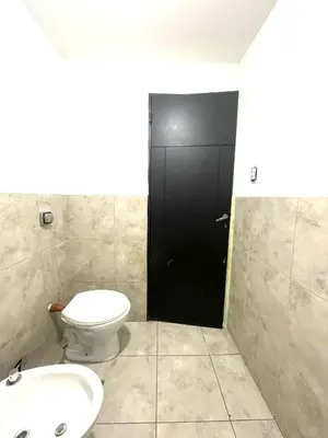 a bathroom with a toilet and a black door at Rincon de Alta Cordoba in Cordoba