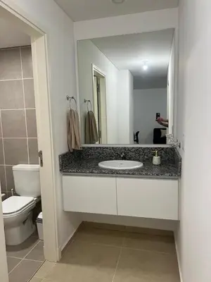 a bathroom with a sink and a toilet and a mirror at Departamento Temporario en Cordoba Capital in Cordoba