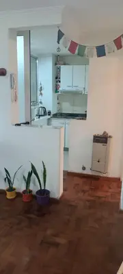 a kitchen with white walls and wooden floors and potted plants at Dpto Nueva Cordoba frente Palacio Ferreyra a 100mt Consulado España in Cordoba
