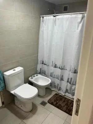 a bathroom with a toilet and a shower curtain at Depto Balcones Cofico 4 in Cordoba