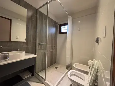 a bathroom with a shower and a toilet and a sink at Posada del Valle solo adultos in Merlo