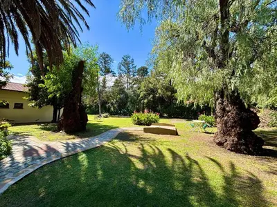 a garden with two trees and a house at Posada del Valle solo adultos in Merlo