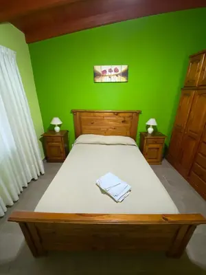 a bedroom with a bed with a green wall at Tica Masu in Villa Carlos Paz