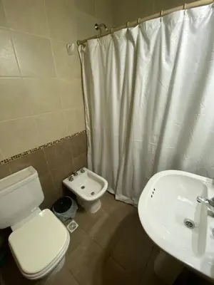 a bathroom with a toilet sink and a shower curtain at Tica Masu in Villa Carlos Paz