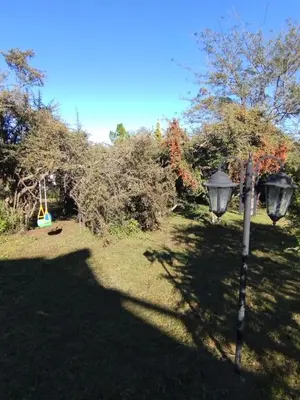 a street light in a yard with a swing at Cabaña de quebracho de dos pisos in Villa General Belgrano