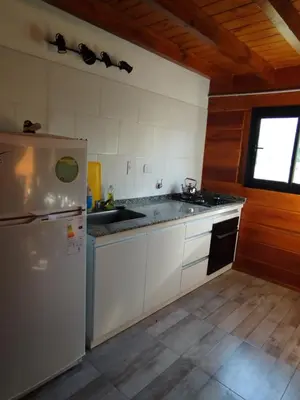 a kitchen with a white refrigerator and a sink at Cabaña de quebracho de dos pisos in Villa General Belgrano