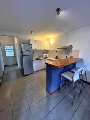 a kitchen with a counter and a refrigerator at Departamento Cerro Overo in Merlo