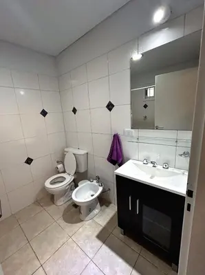 a bathroom with a toilet and a sink and a mirror at Departamento Cerro Overo in Merlo