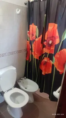a bathroom with a toilet and a shower curtain with red flowers at Posada del Arroyo in Las Rabonas